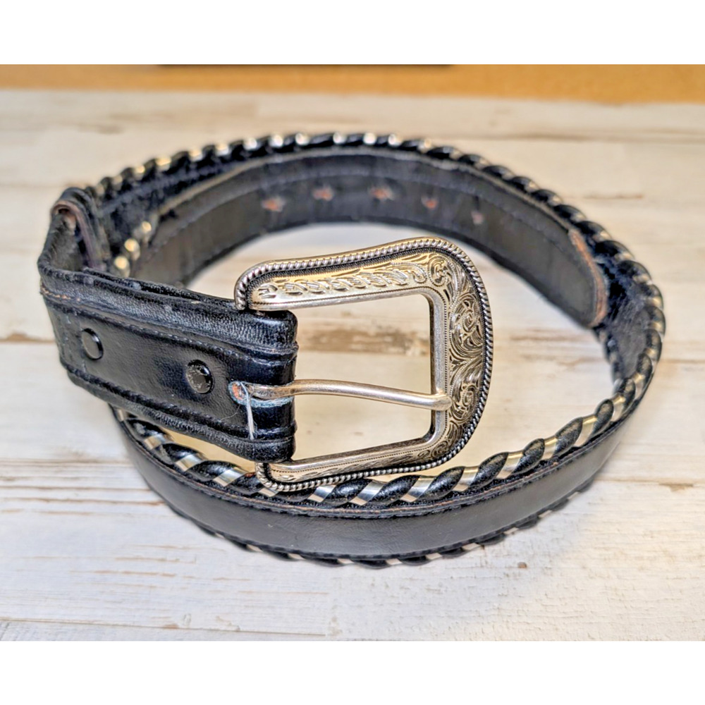 Vintage Dun Dee Black Leather Western Black w/ Silver Tone Metal Ribbon Size 34